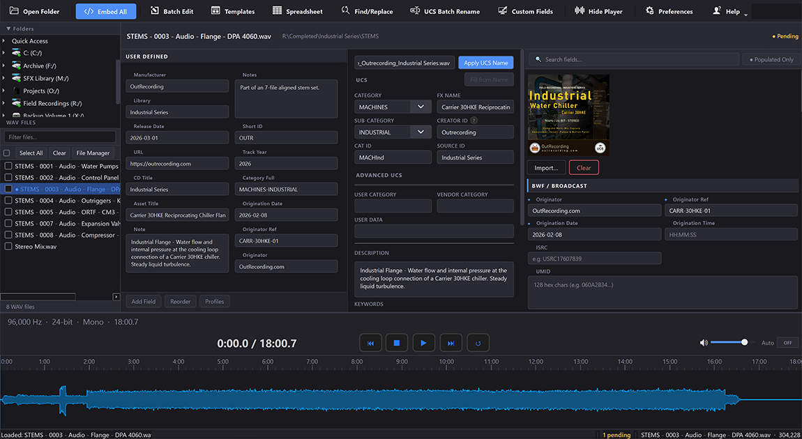 WAVScribe metadata editing panel showing simultaneous writes across BWF, iXML, XMP, LIST/INFO, and ID3v2 chunks