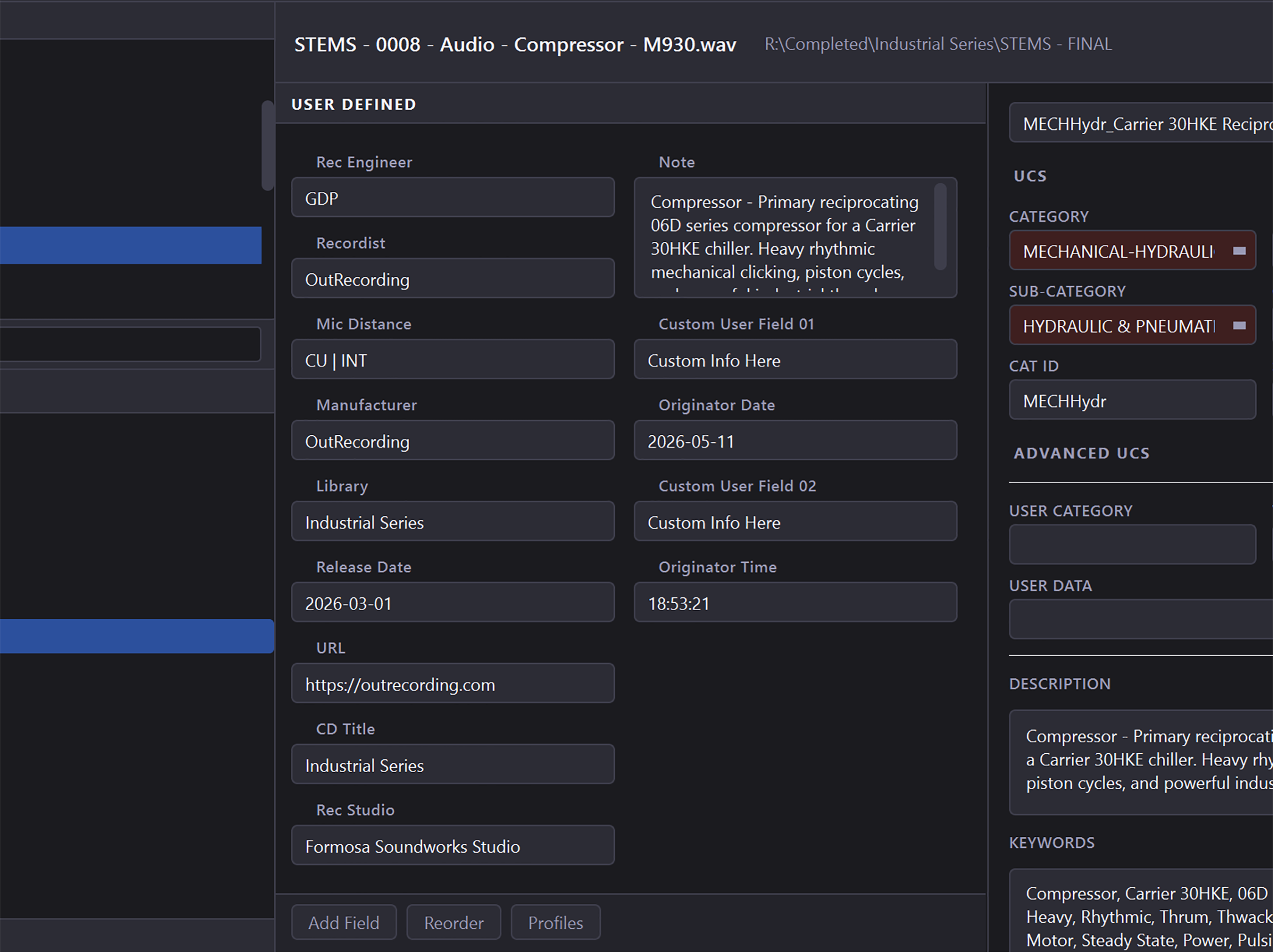 WAVScribe User Defined Area panel showing pinned metadata fields in a custom order