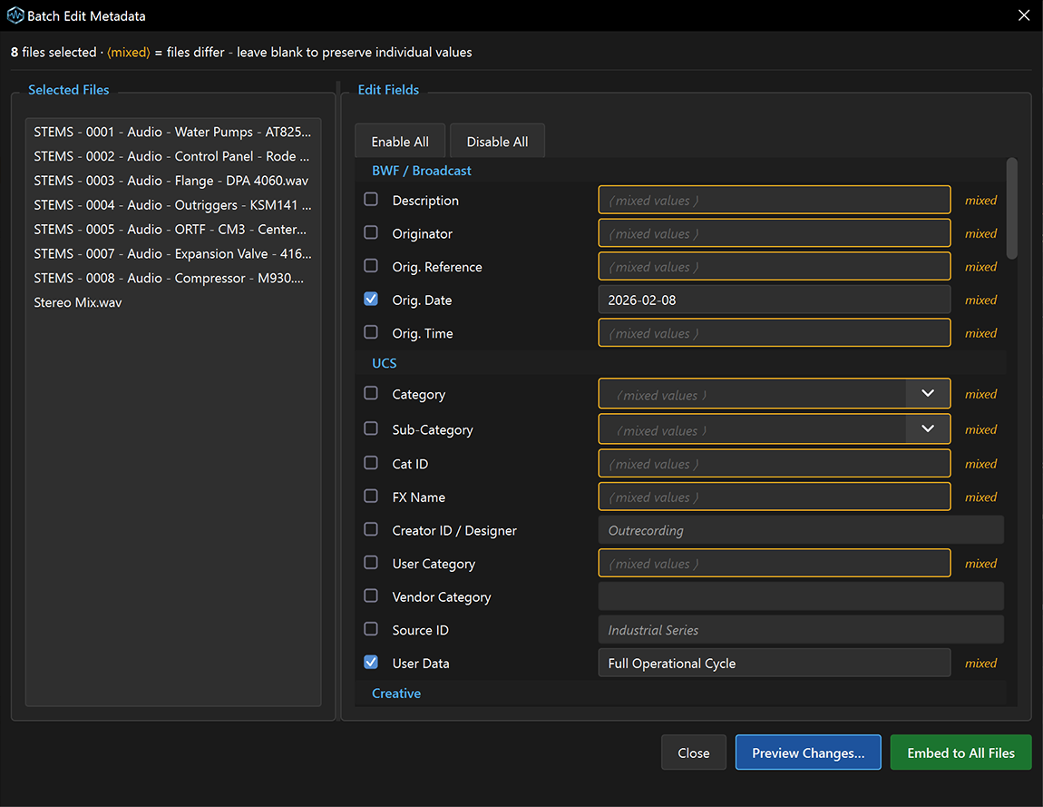 WAVScribe Batch Edit dialog showing multi-file value application