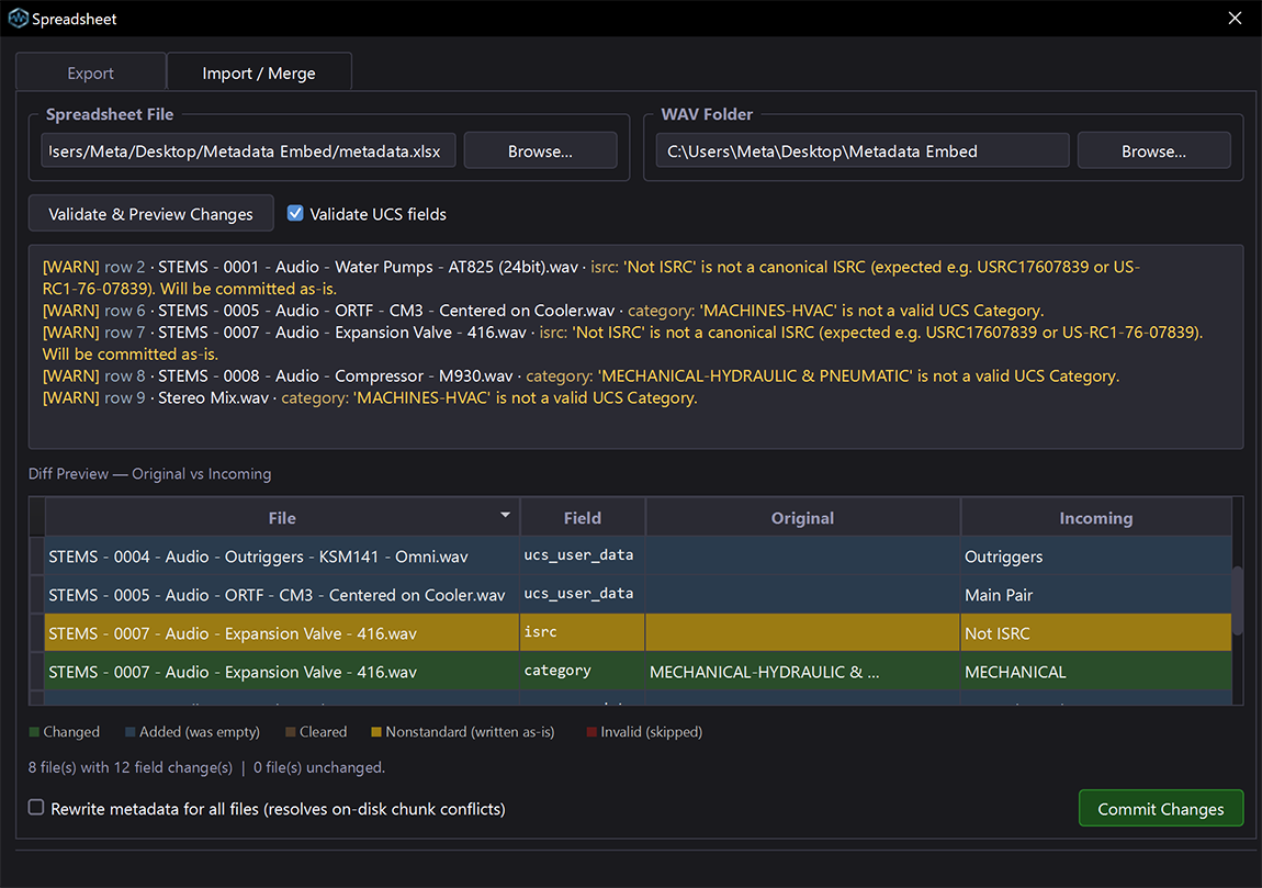 WAVScribe spreadsheet round-trip showing color-coded preview window before committing changes