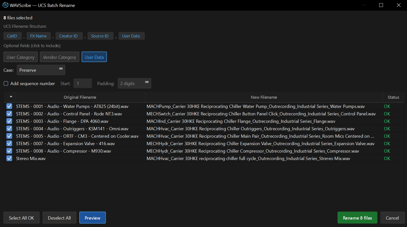 WAVScribe UCS Batch Rename dialog showing UCS-compliant filename construction