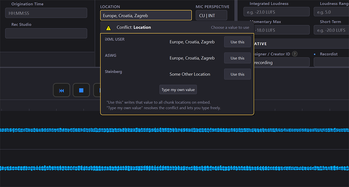 WAVScribe conflict detection popup showing per-source values when metadata chunks disagree