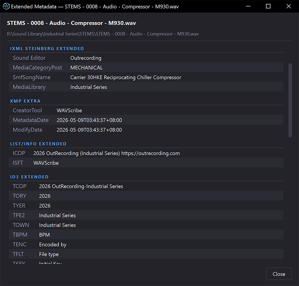 WAVScribe Extended Metadata dialog showing parsed iXML, XMP, LIST/INFO, ID3, and CART chunks for a WAV file