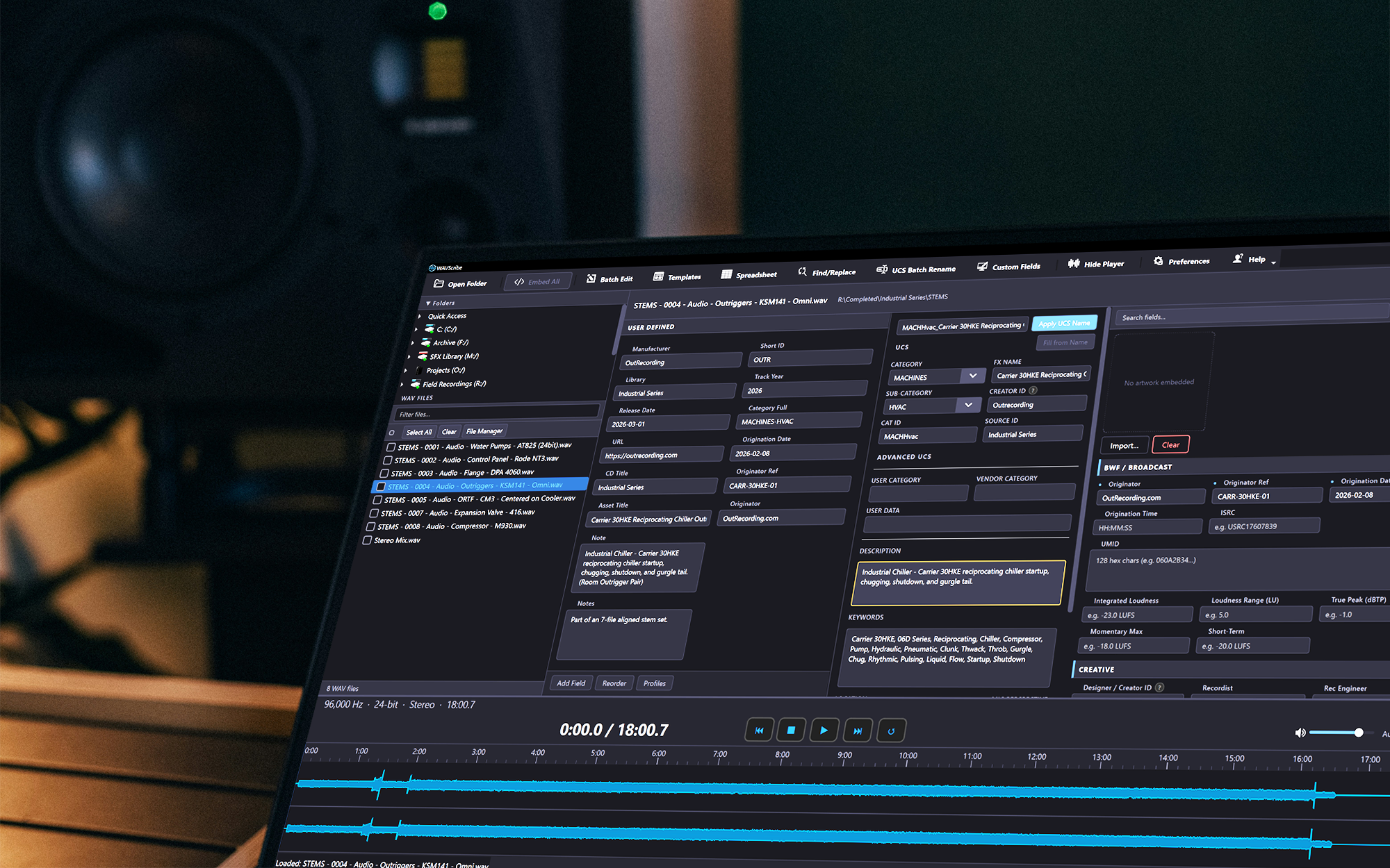WAVScribe shown on a studio monitor in a professional audio environment