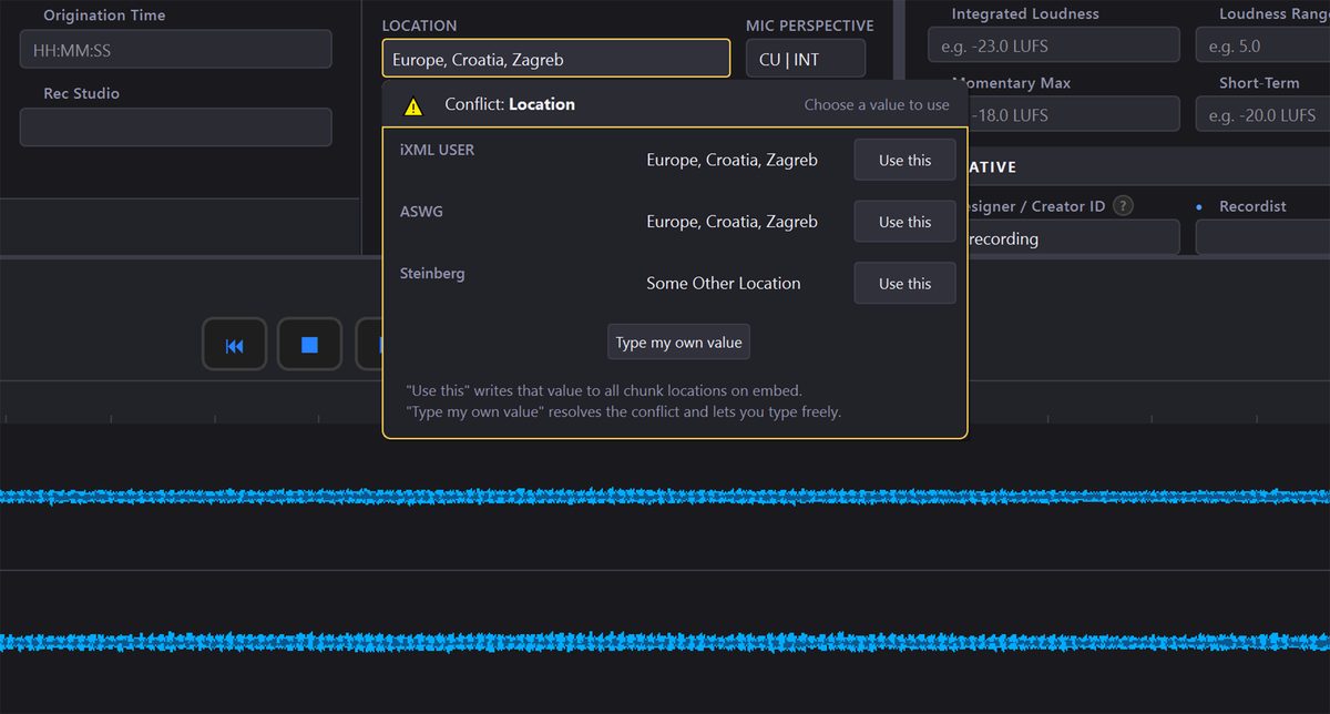 WAVScribe conflict detection popup showing a Location field with different values per chunk