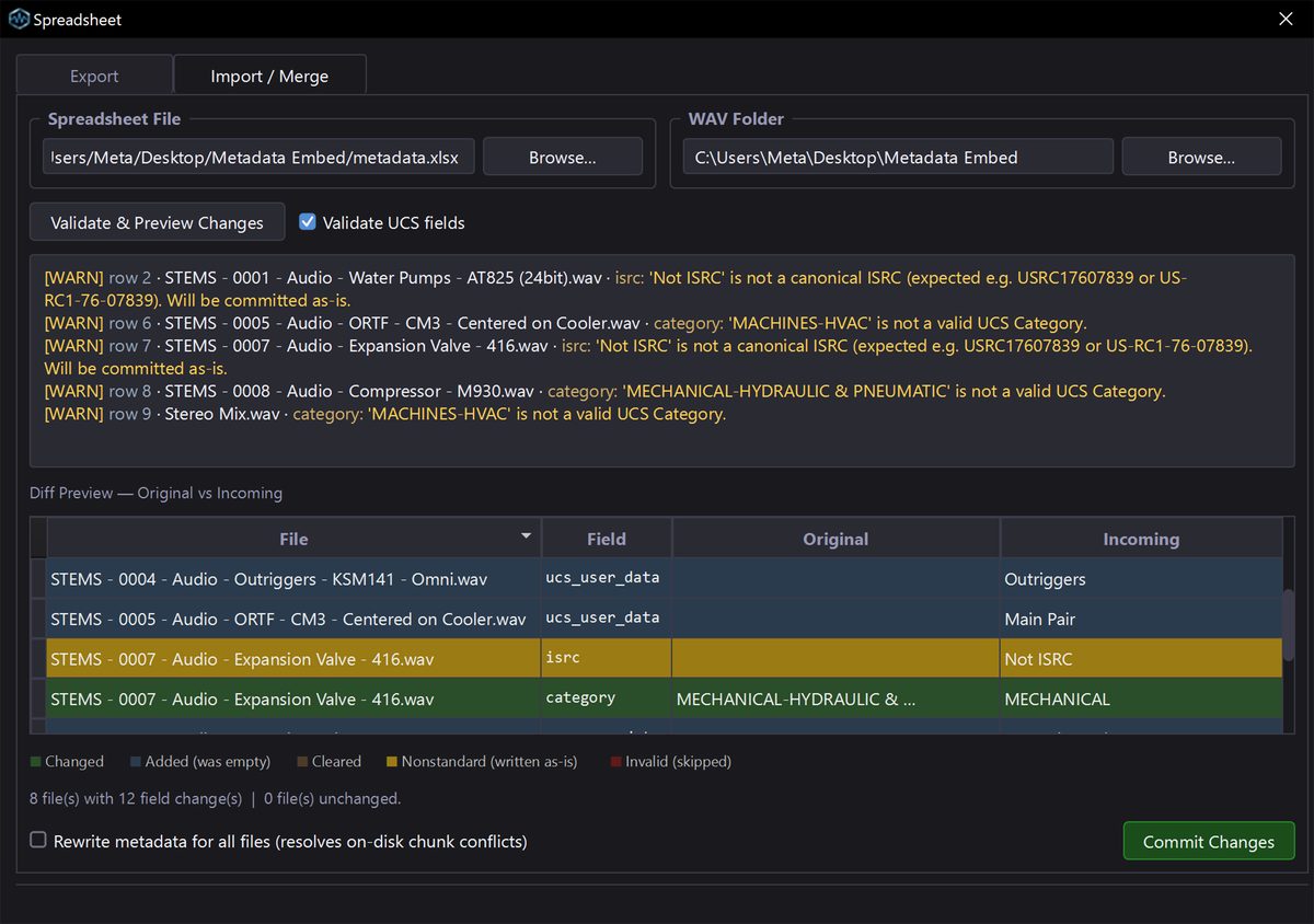 WAVScribe spreadsheet import with a color-coded preview of changes