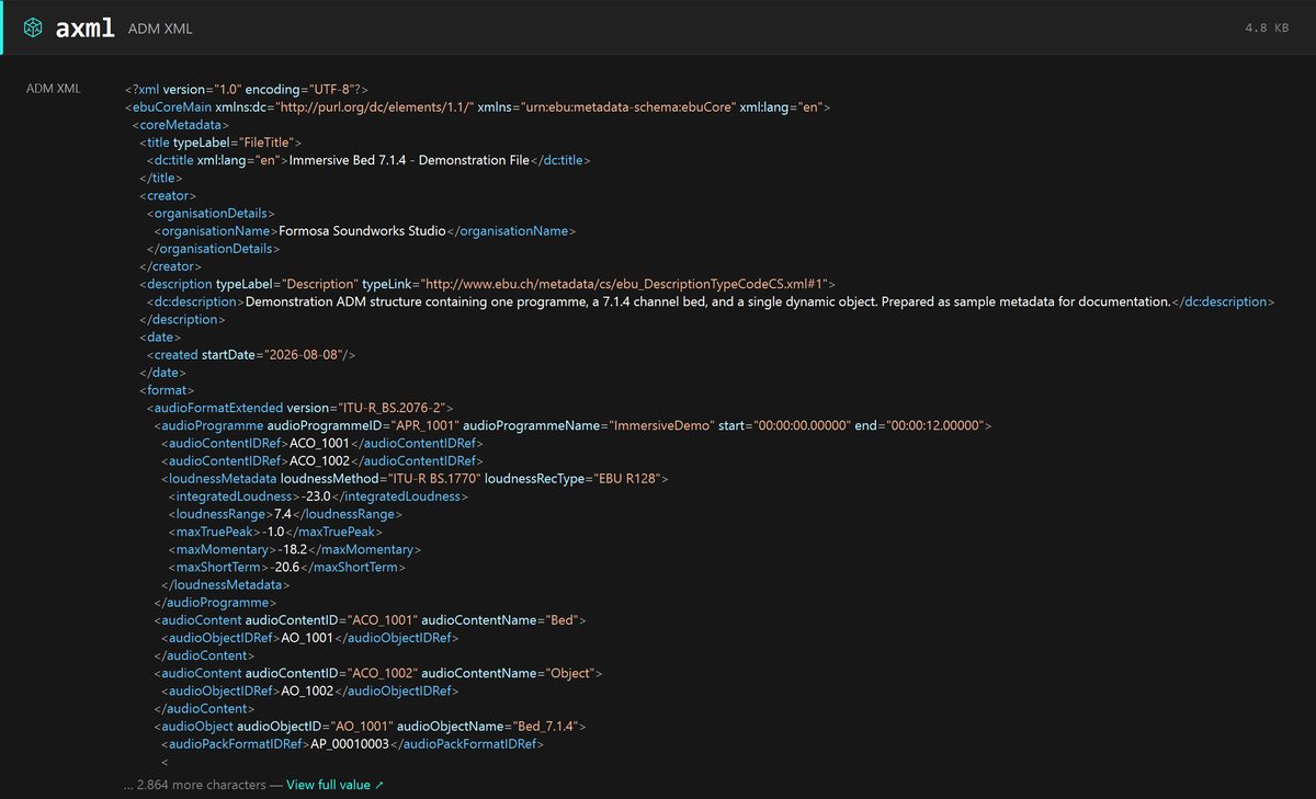 An ADM XML chunk decoded in WAVScribe Viewer