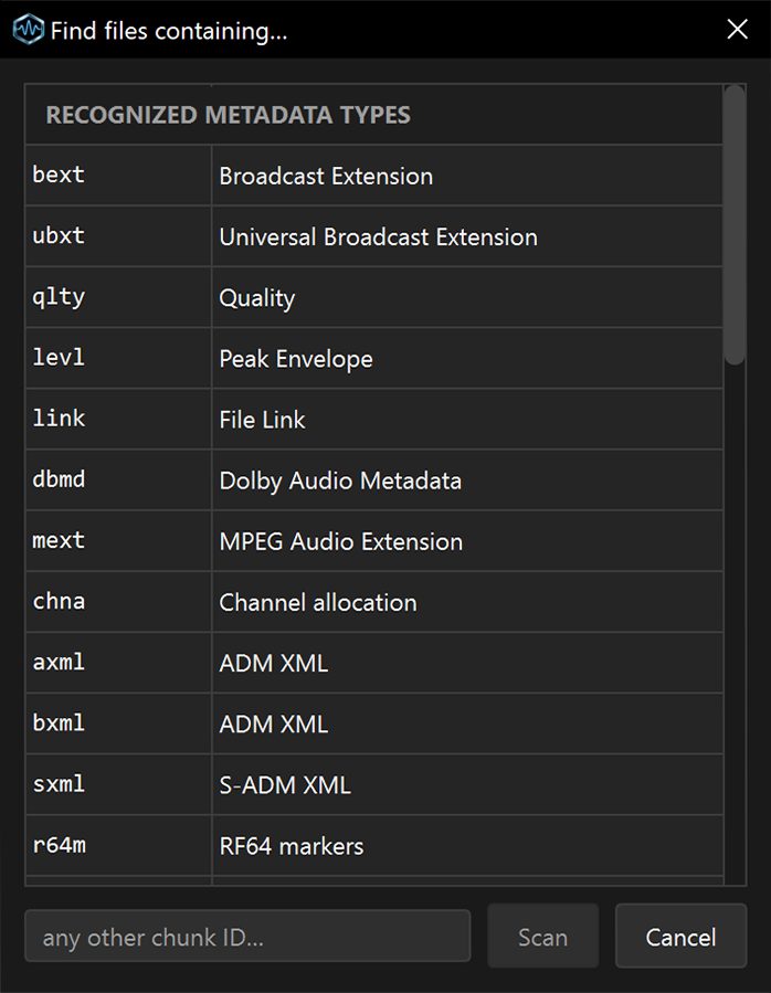 WAVScribe Viewer dialog for choosing which chunk to scan a folder for