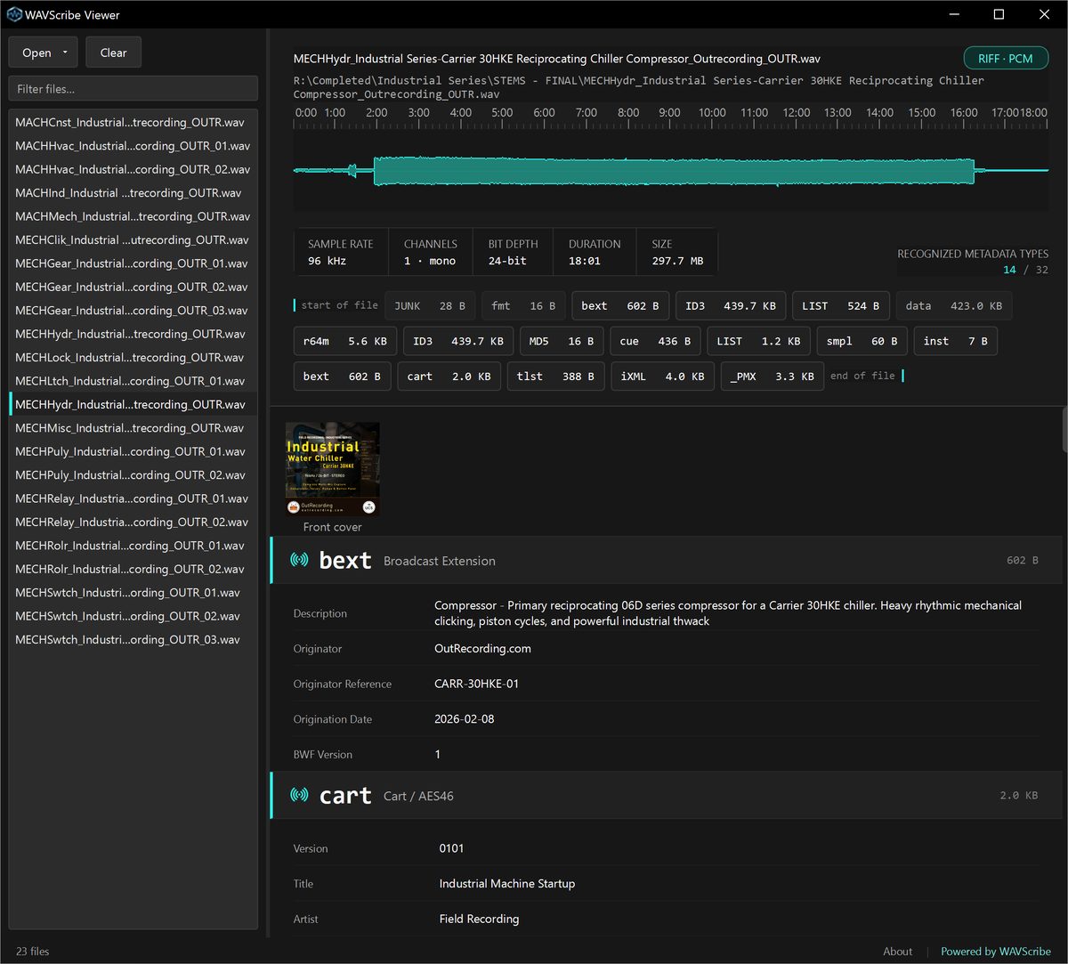 WAVScribe Viewer main window with a WAV file loaded
